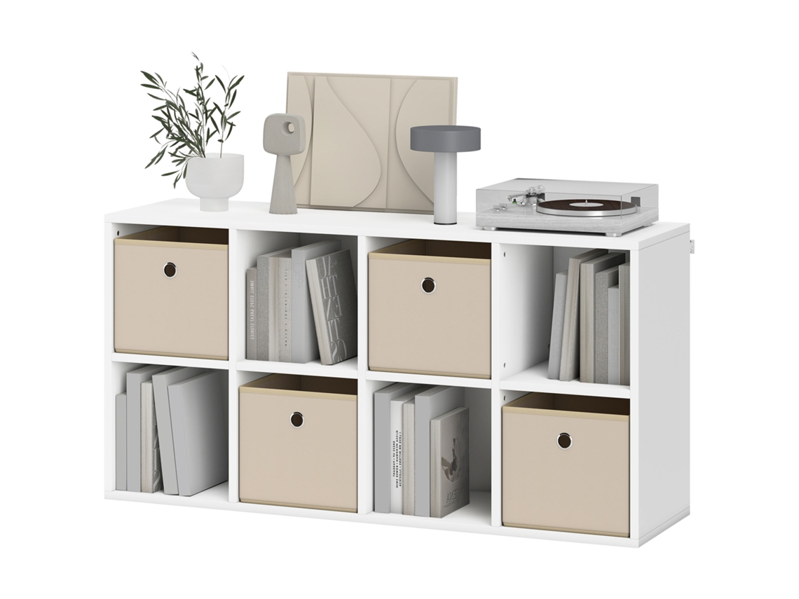 Estante Cubo 53,7x30x79,8cm Branco e Bege com 8 Compartimentos e 4 Gavetas de Tecido