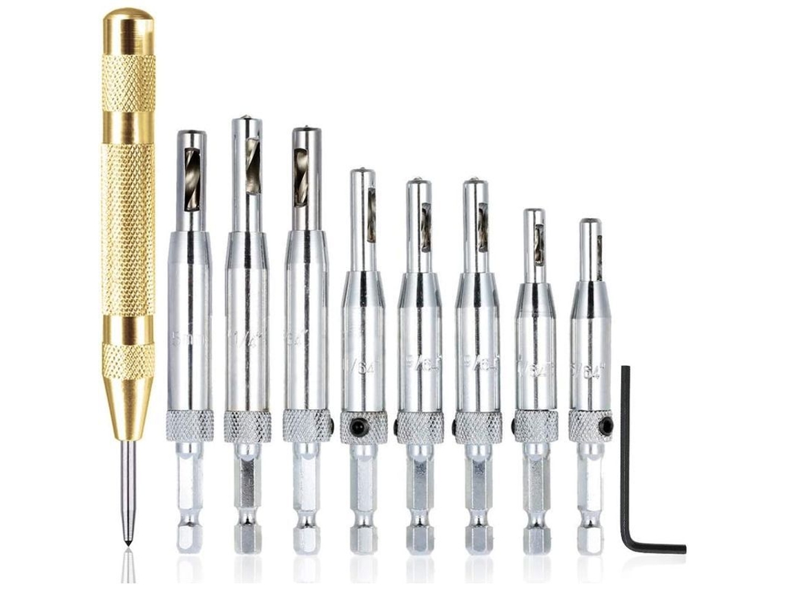 Conjunto de 8 Brocas de Centrado S/MARCA para Bisagras, Ferramentas de Carpintaria 1/4"