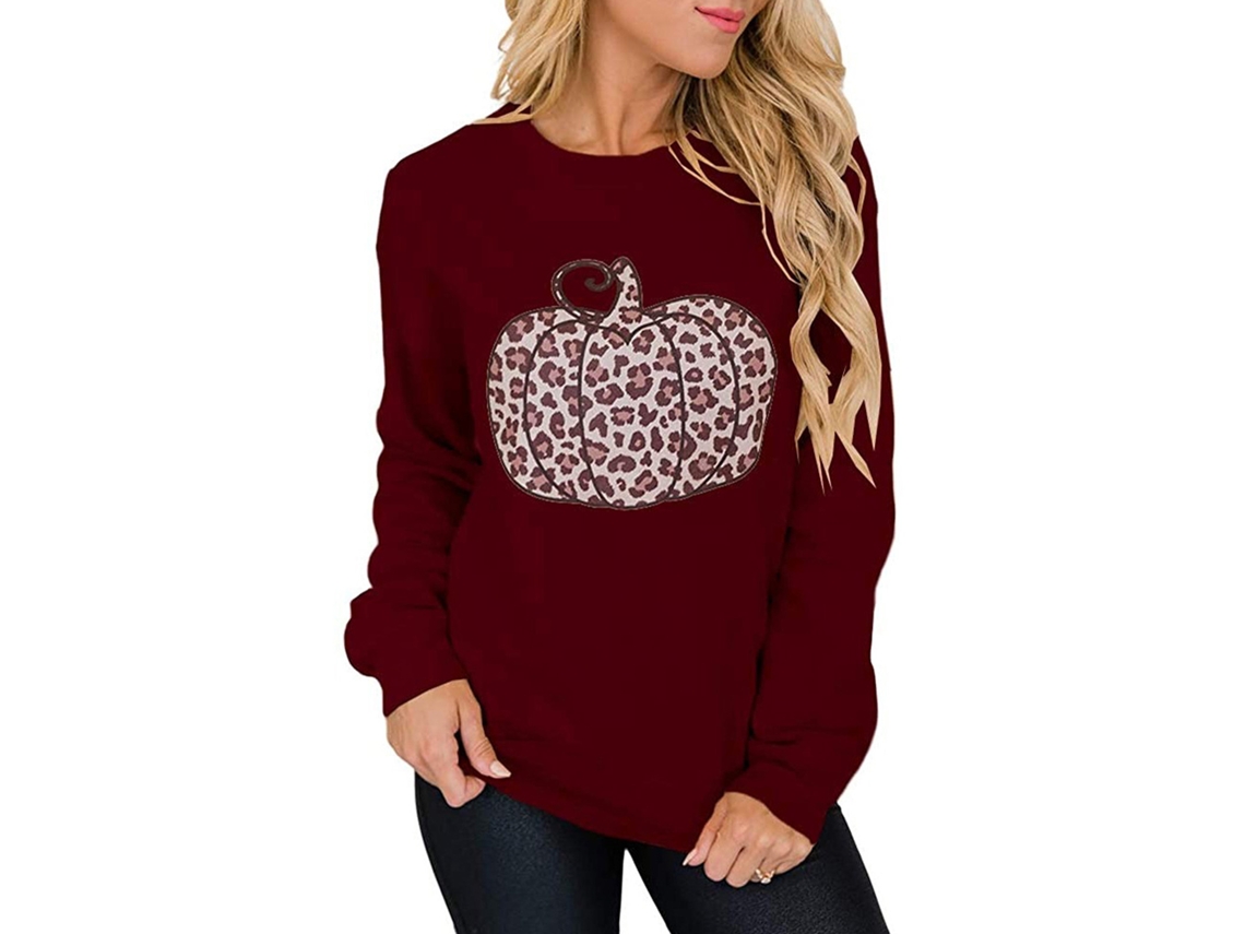 Laxiscreed Suéter Feminino Halloween Laranja Com Estampa De Leopardo E Abóbora, Manga Longa Tamanho L