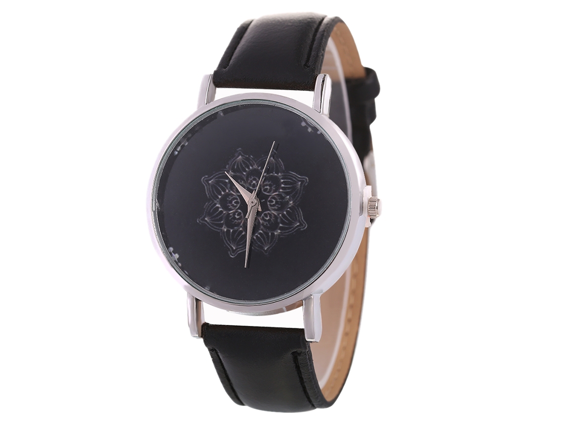 Relógio Analógico de Pulso com Pulseira Pu e Mostrador Floral para Mulheres e Homens (preto)