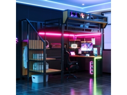Metall-hochbett 90x200cm Com Escrivaninha Prateleira Rede Led Tomada Preto