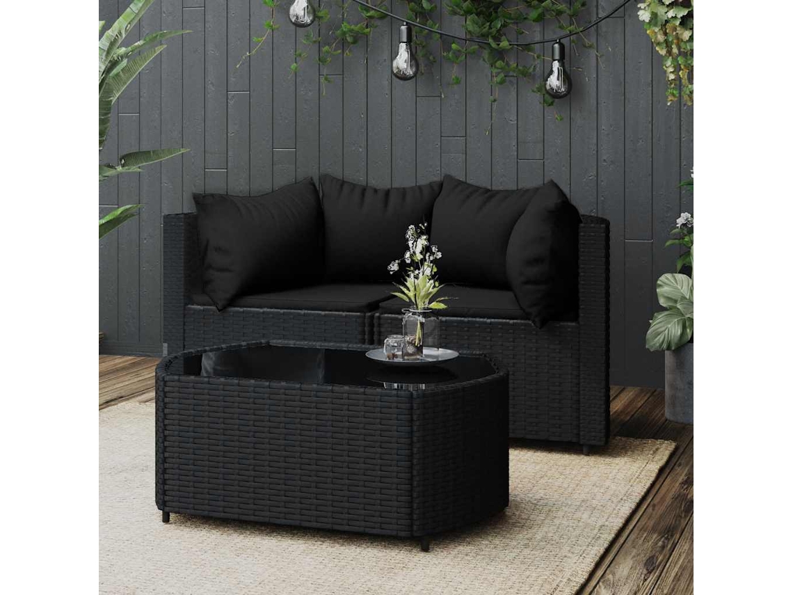 3 Pcs Conjunto Lounge De Jardim C/ Almofadões Vime Pe Preto Dkd Home Decor