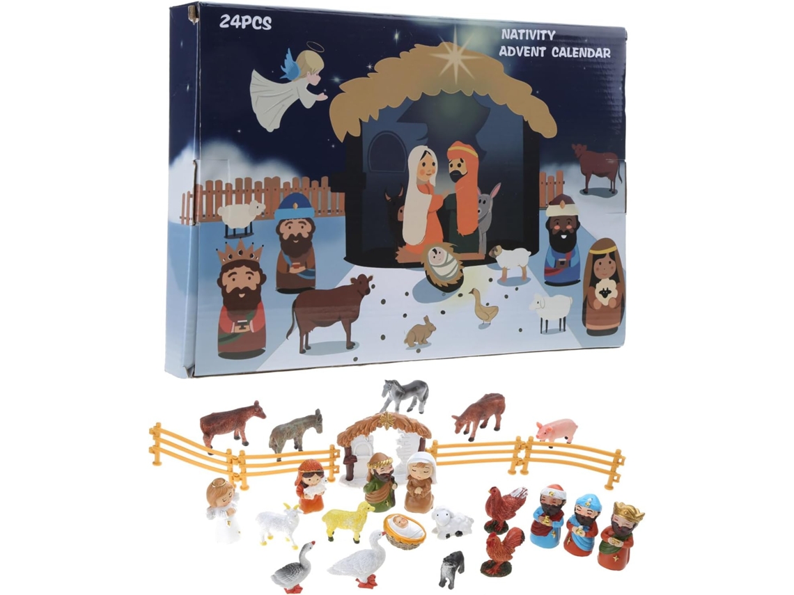 Calendário do Advento SFUSHOS com presépio, 24 figuras de resina: Sagrada Família, Reis Magos, Meninos
