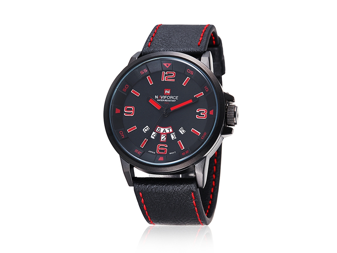 Relógio masculino casual à prova d'água Naviforce com movimento de quartzo e pulseira de PU vermelha.