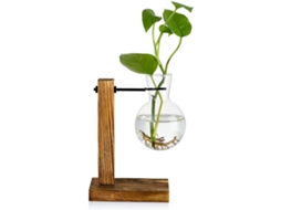 Vaso De Vidro Transparente Com Suporte De Madeira Decoração