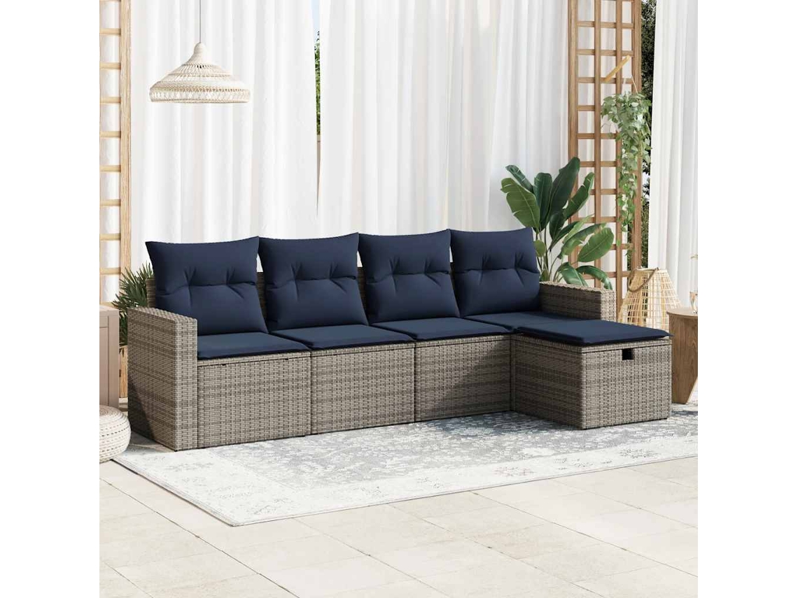 Vidaxl 5 Pcs Conjunto Sofás De Jardim C/ Almofadões Vime Pe Cinzento