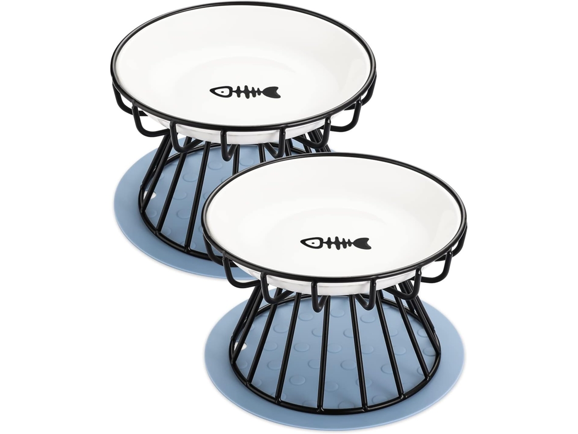 Conjunto de 2 Comedouros para Gatos, Elevados de Cerâmica, Elevados para Animais de Estimação, Anti vômito, Antiderrapantes para Gatos AQUAFORGE