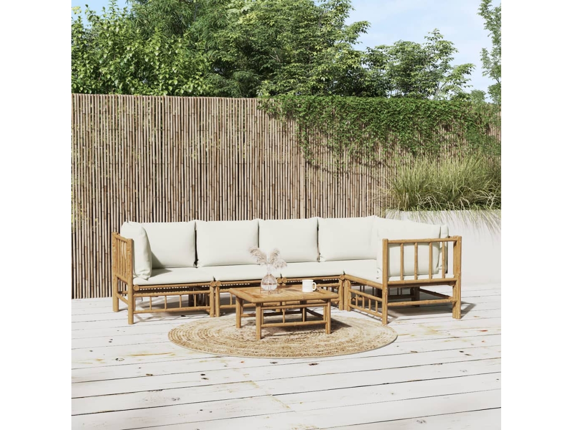Vidaxl 6 Pcs Conjunto Lounge De Jardim Bambu C/ Almofadões Branco Nata
