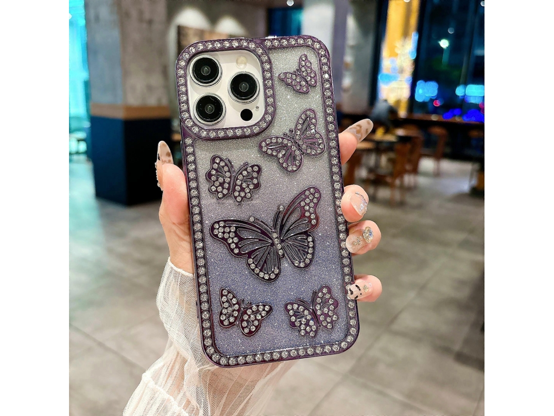 Capa Tkdaddy Para Iphone 15 Pro Com Strass E Decoração De Borboleta Em Tpu Macio, Roxa