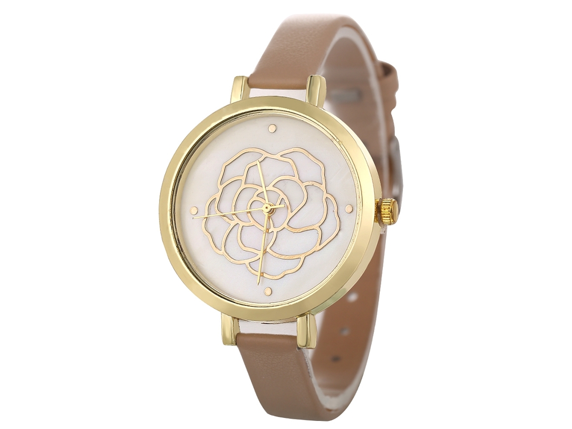 Relógio Feminino de Pulseira de Couro Estiloso com Mostrador Redondo Quartzo Bege