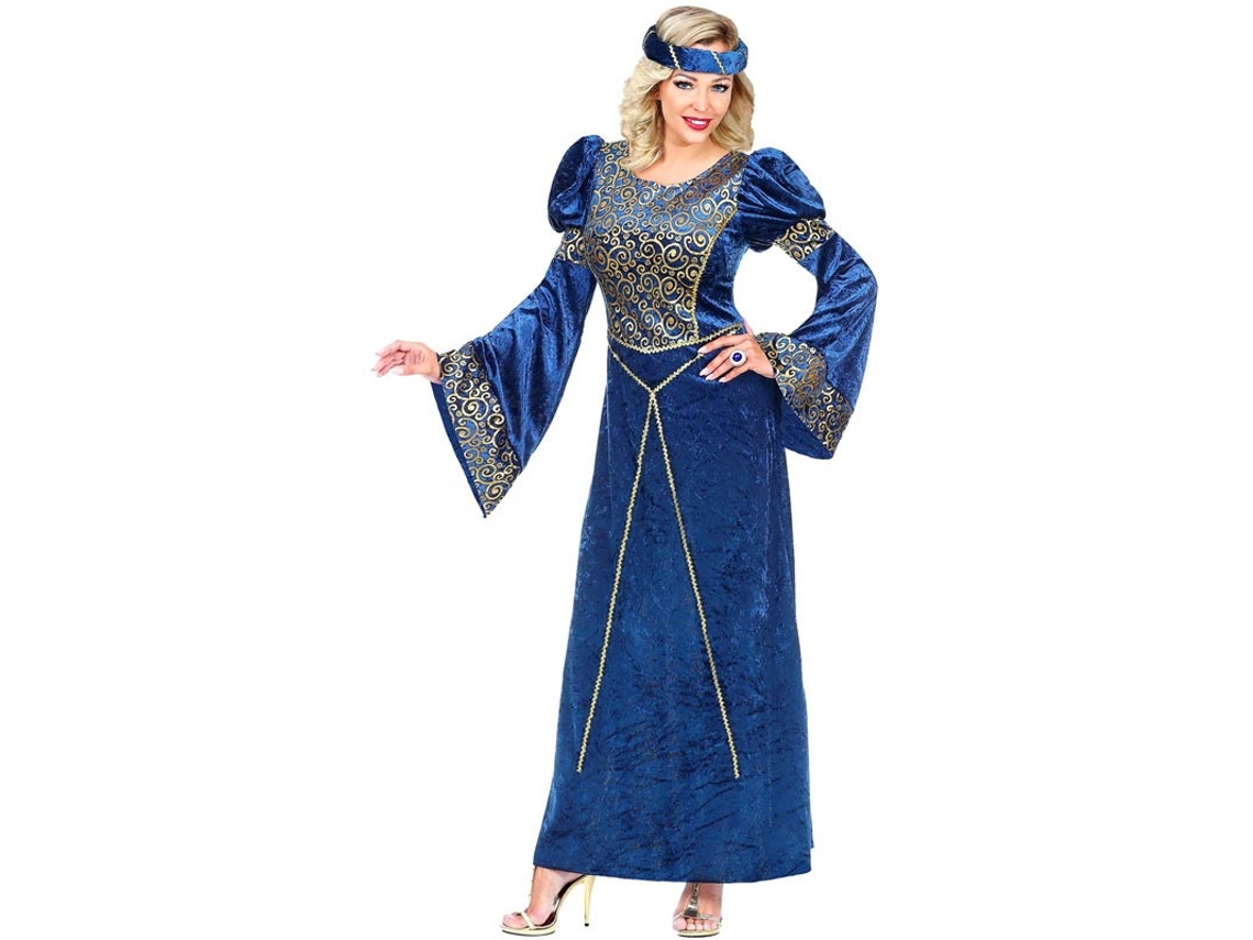 Fato de senhora renascentista azul e dourado para mulher