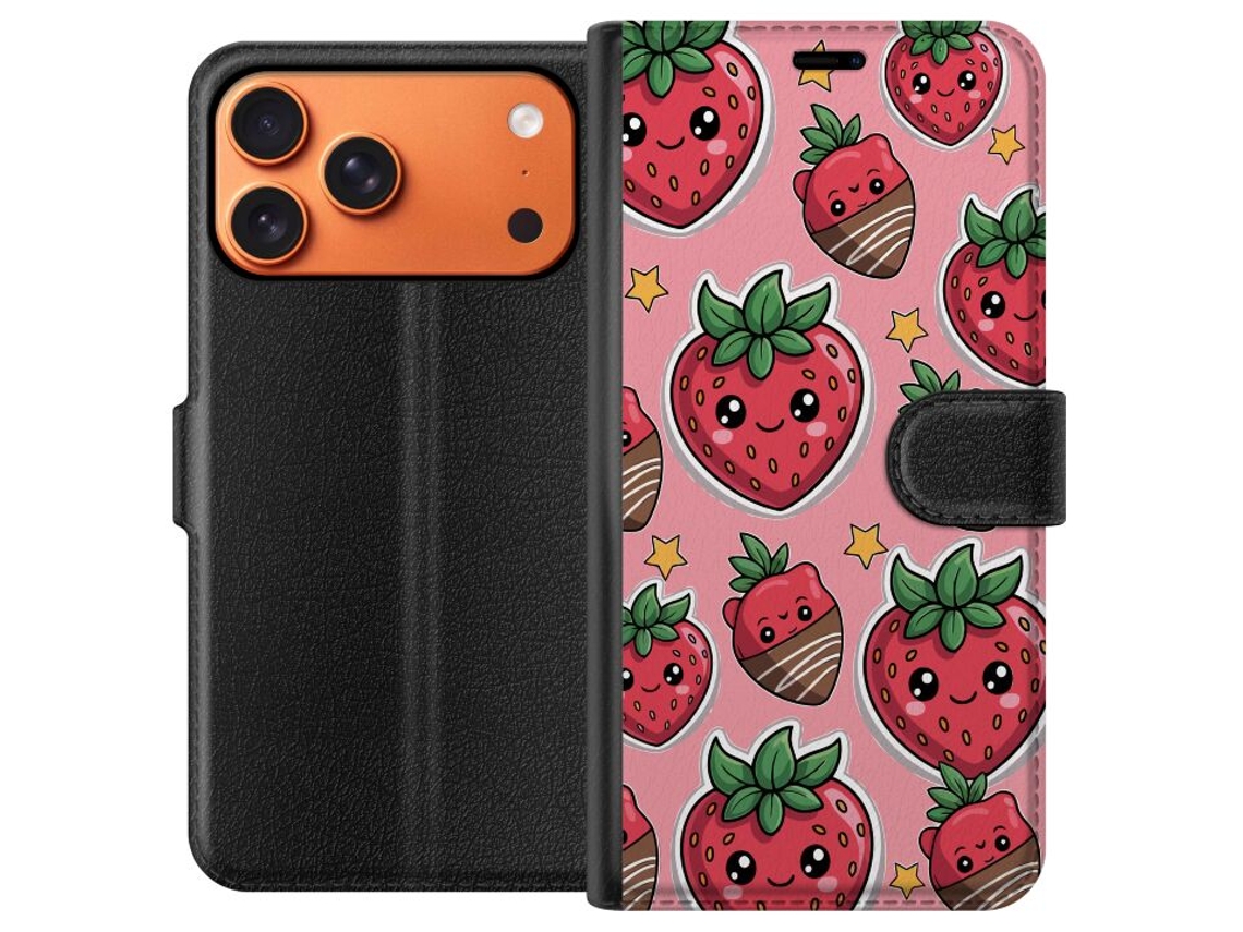 Capa Carteira Compatível Com Apple Iphone 17 Pro Max Com Estampa Fofa De Morangos Doces E Morangos Cobertos Com Chocolate.