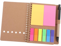 Caderno espiral de bolso com porta-caneta e adesivos.