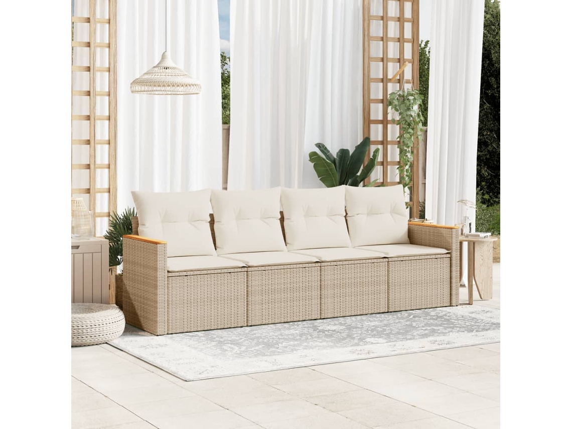 Vidaxl 4 Pcs Conjunto De Sofás Para Jardim C/ Almofadões Vime Pe Bege