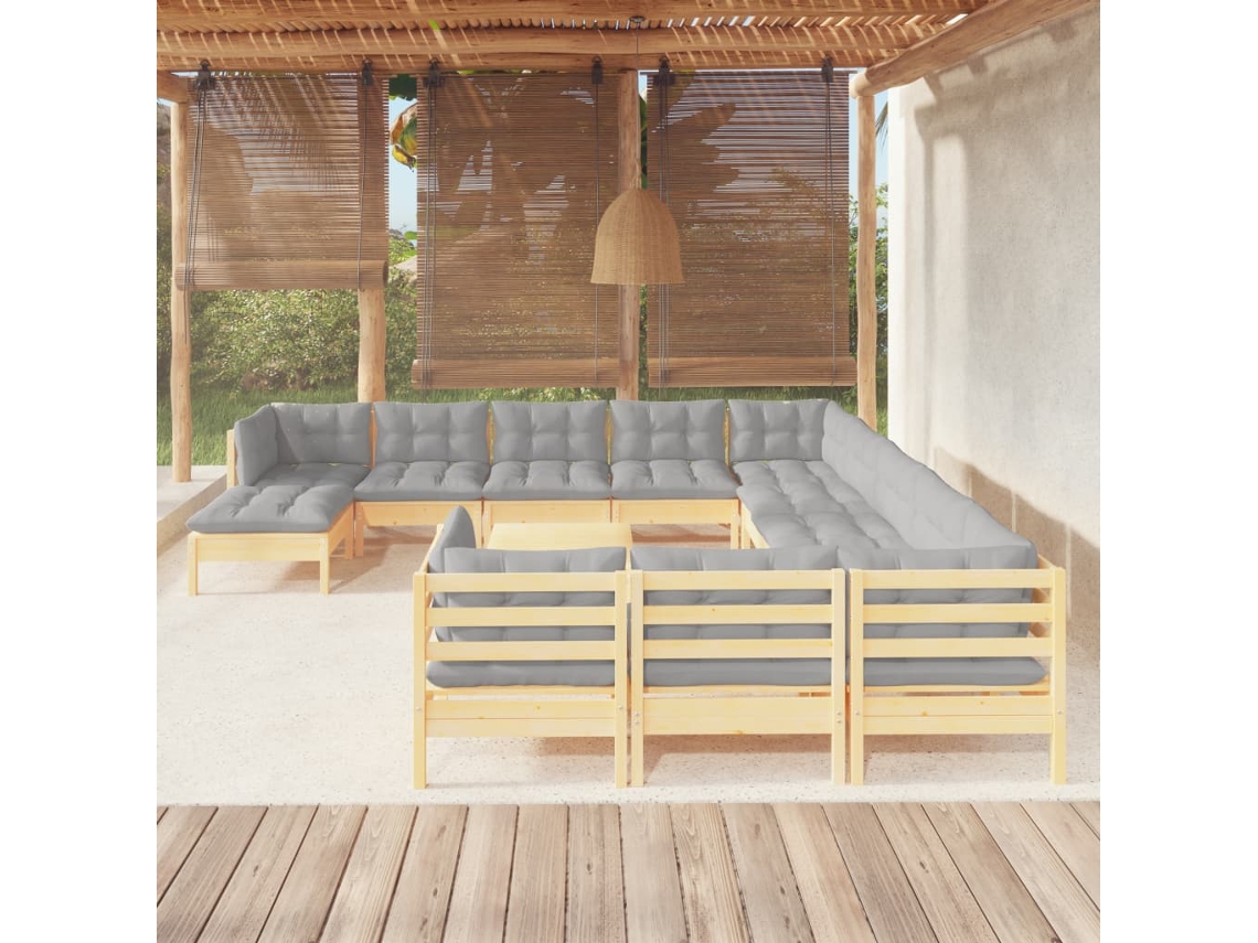 Conjunto Lounge Jardim 13 Peças C/ Almofadões Cinza Pinho Dkd Home Decor