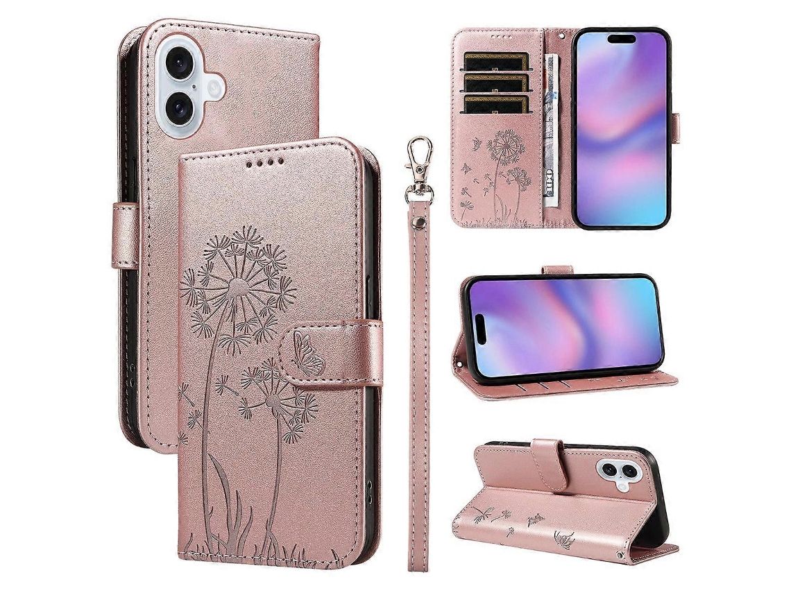 Capa carteira de couro para Iphone 17, estampa dente de leão, suporte, proteção, rosa G AQUAFORGE