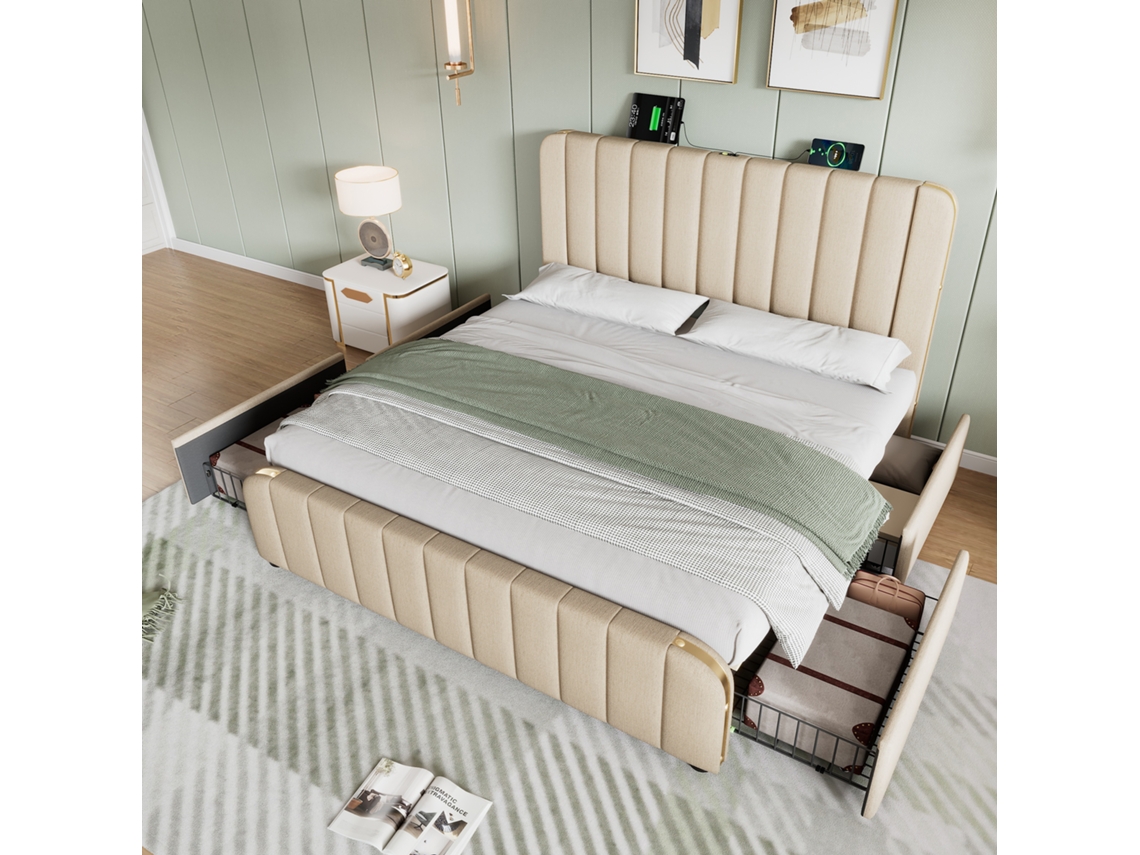 Cama Casal Bege 140x200 Cm, Debrum Dourado, 4 Gavetas, Elegante