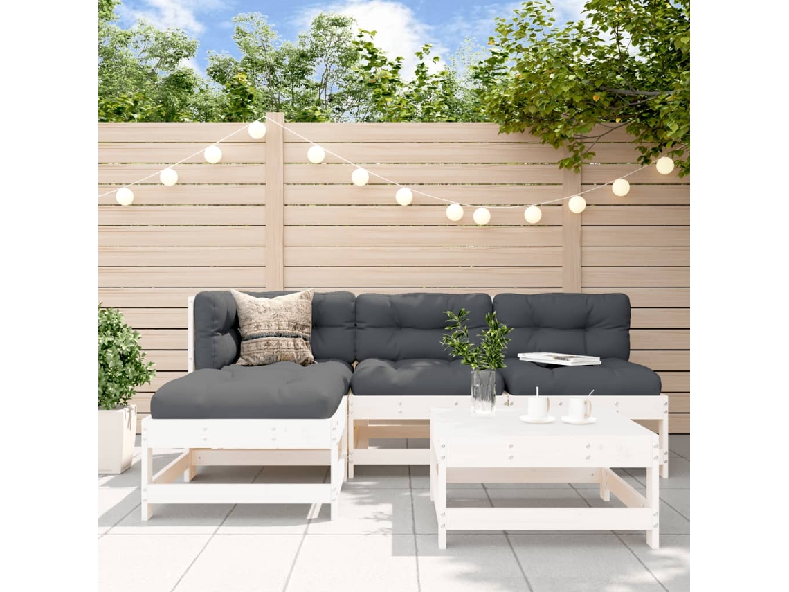 Vidaxl 5pcs Conjunto Lounge Jardim C/ Almofadões Madeira Maciça Branco