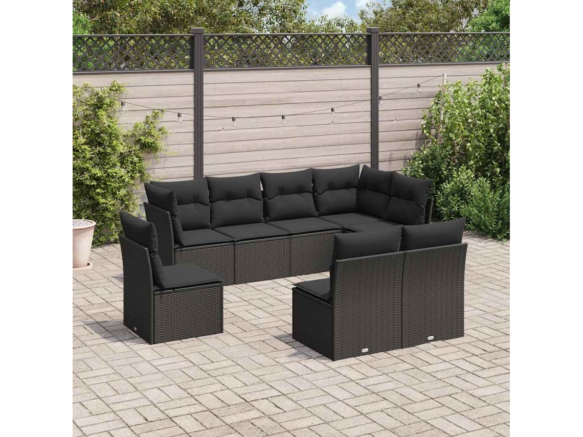 Vidaxl 8 Pcs Conjunto Sofás De Jardim Com Almofadões Vime Pe Preto