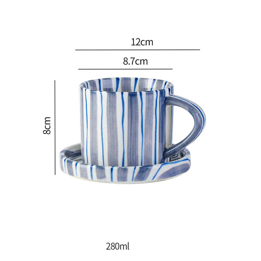 (azul 200-400ml) Conjunto Minimalista De Xícara E Pires Com Listras Pintadas À Mão, Caneca De Cerâmica Para Café Com Leite.