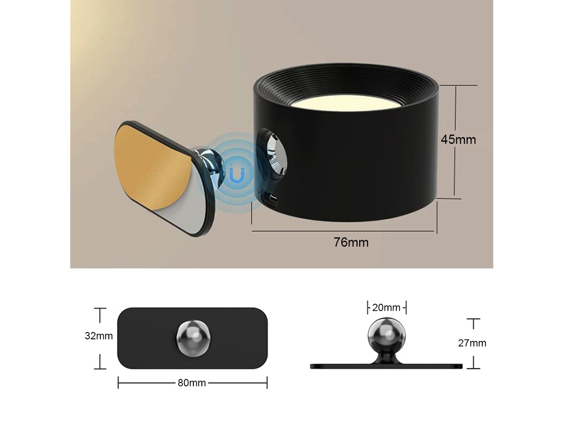 Rebe-lâmpada De Parede Led Giratória 360° Recarregável Magnética Com 3 Temperaturas E Brilhos, Para Quarto E Galeria