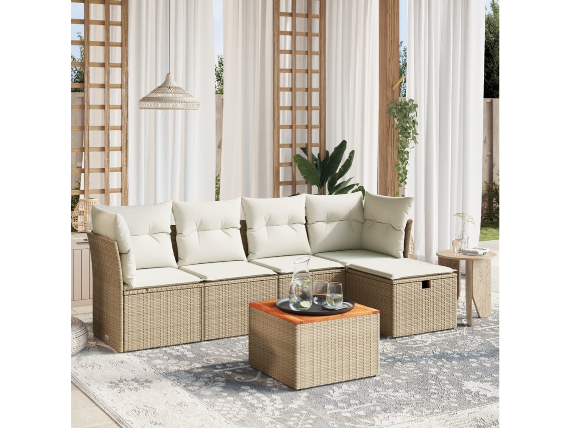 Vidaxl 6 Pcs Conjunto De Sofás P/ Jardim Com Almofadões Vime Pe Bege