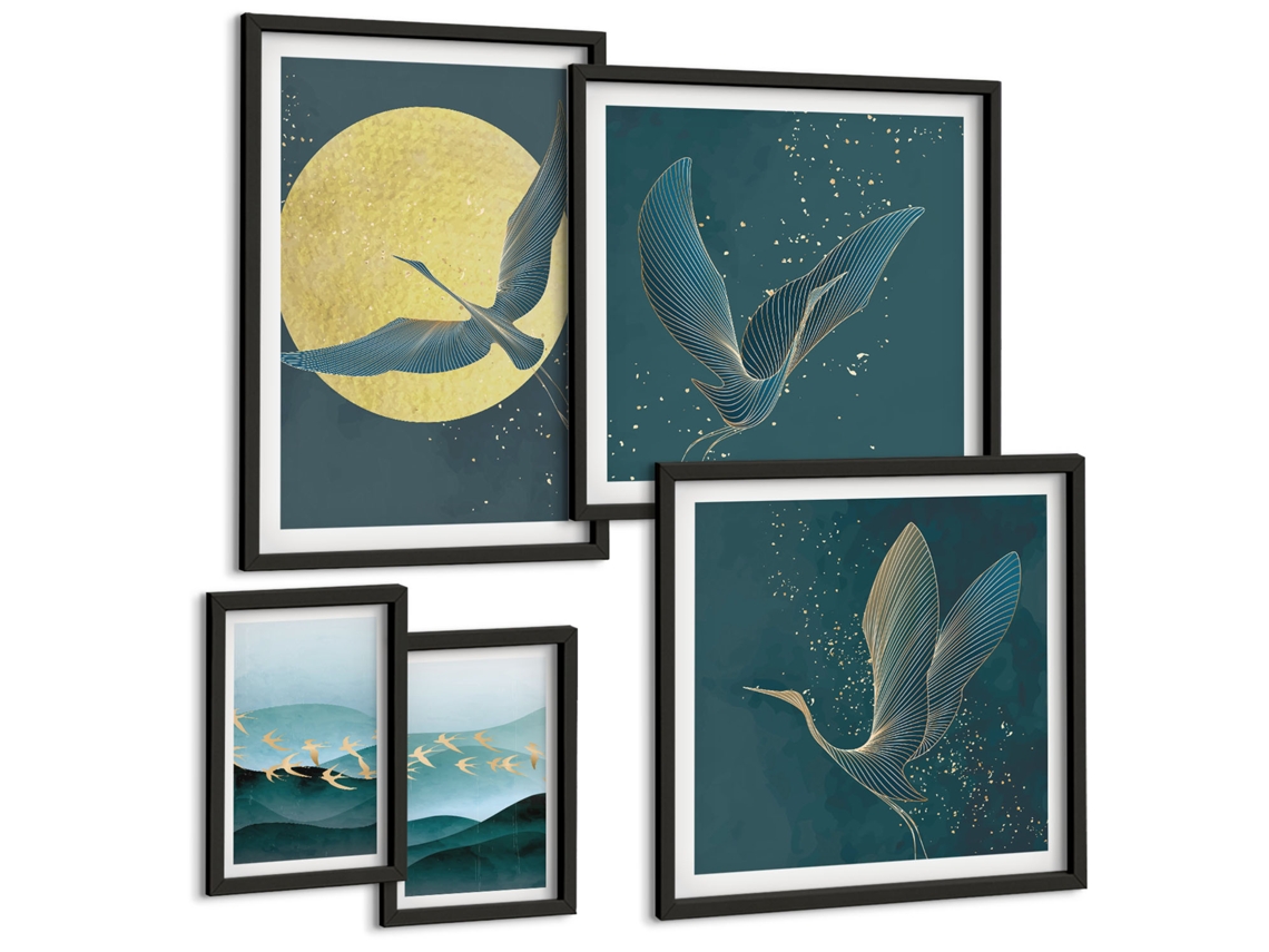 Conjunto De Pinturas Paisagens Pássaros Noite Céu Espelharte (5 Peças)