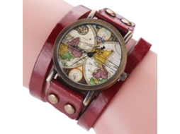 Reloj De Cuarzo Ccq Unisex Con Dial Retro De Mapa Y Correa De Pu Rojo