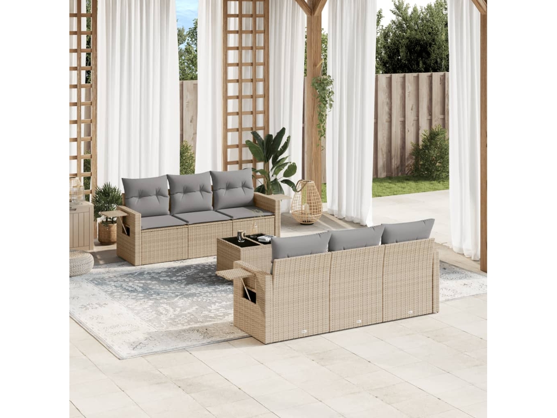 Vidaxl 7 Pcs Conjunto de Sofás P/ Jardim com Almofadões Vime Pe Bege