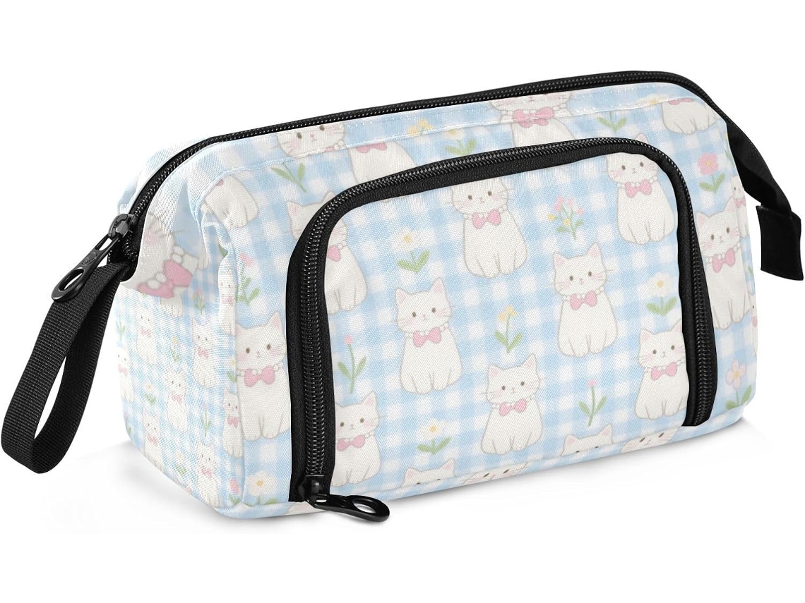 Estojo Grande com Compartimento para Lápis, Ideal Adolescentes e Meninos, Estampa de Gato Branco. 24 X 9,5 15