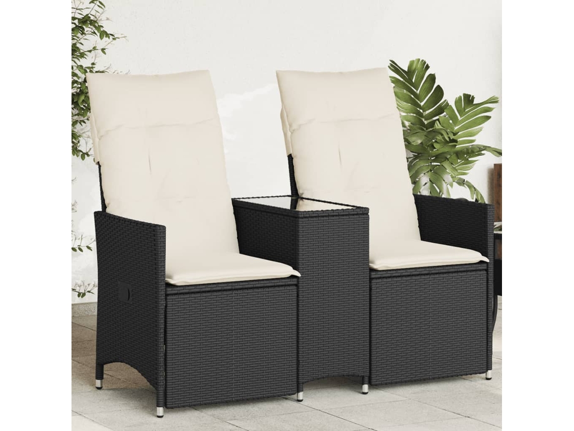 Vidaxl Sofá De Jardim Reclinável 2 Lugares Com Mesa Vime Pe Preto