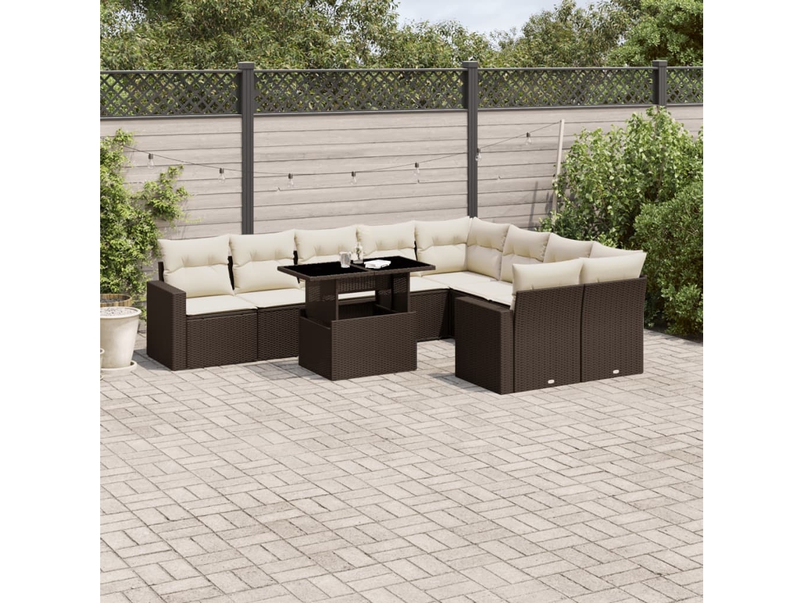 10 Pcs Conj. Sofás Jardim Com Almofadões Vime Pe Marrom Dkd Home Decor