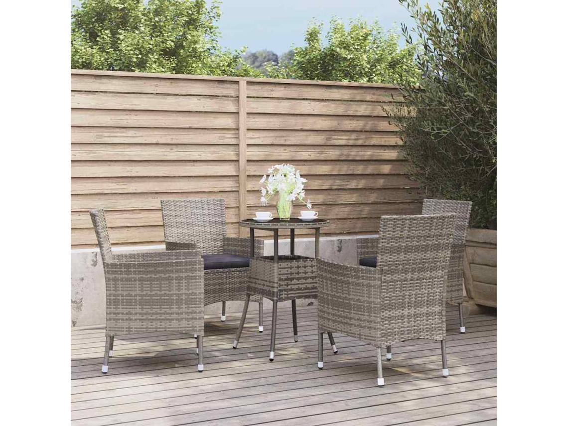Vidaxl 5 Pcs Conjunto Bistrô De Jardim C/ Almofadões Vime Pe Cinza