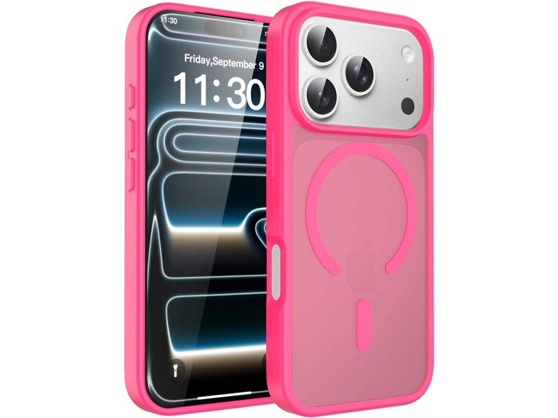 Capa Magnética Para Iphone 17 Pro, Rosa Fúcsia, Película Sensorial, Efeito Mate, Protetora Prateada