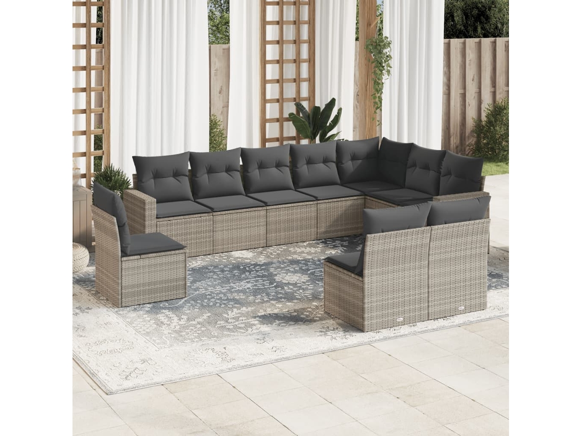 Vidaxl 10 Pcs Conj. Sofás Jardim Com Almofadões Vime Pe Cinzento-claro