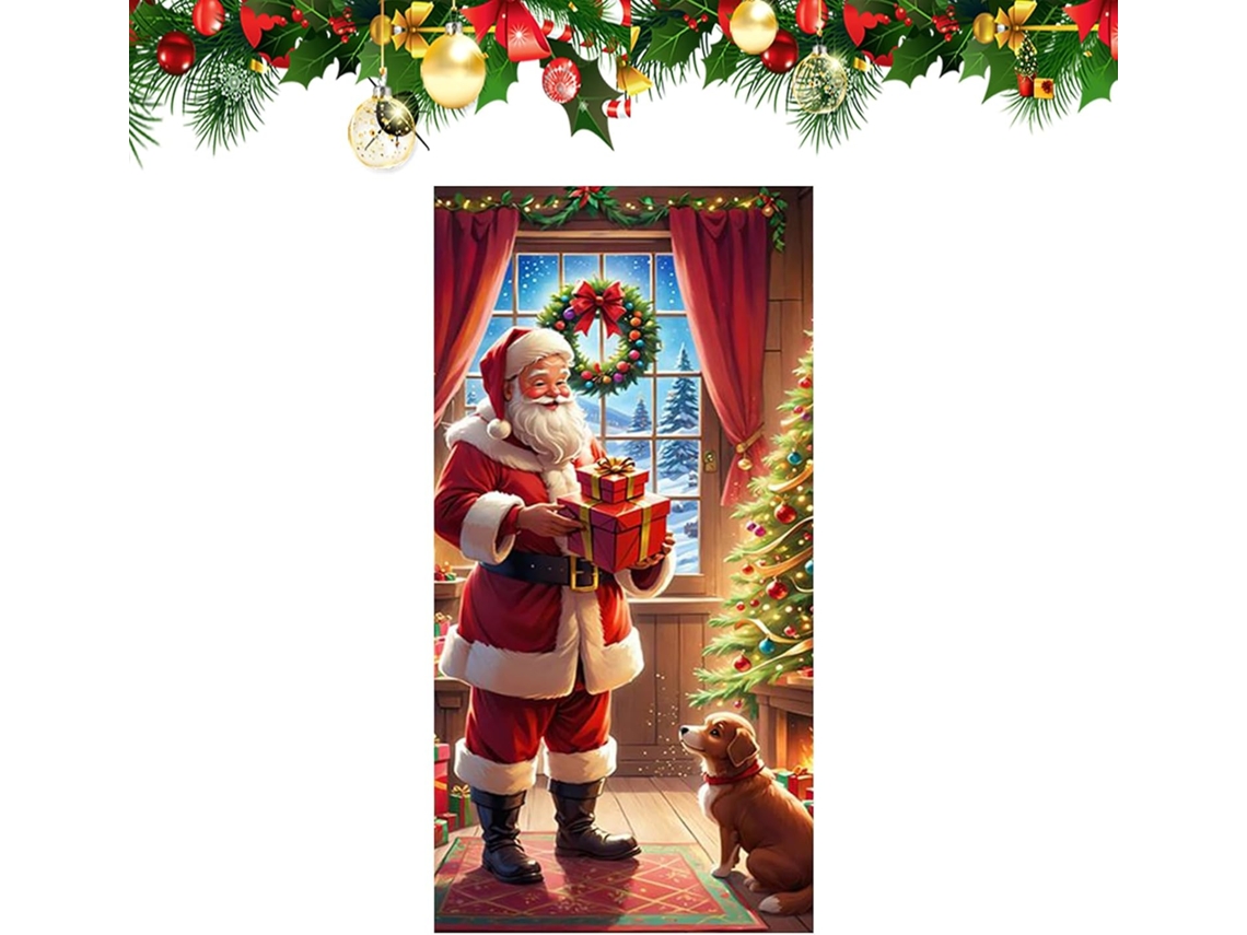 Painel De Natal Para Porta, 35,4 X 70,8 Polegadas, Estampa De Papai Noel Com Cachorro, Fundo Plano 2d.