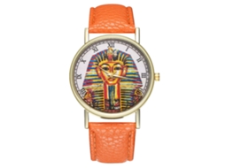 Relógio de pulso unissex de quartzo com pulseira de PU, mostrador redondo e numerais romanos (laranja)