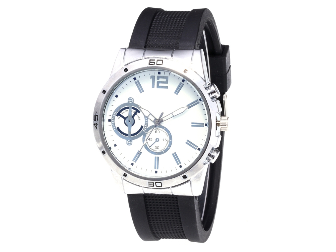 Relógio de quartzo unissex casual com pulseira de silicone, mostrador branco prateado.