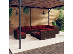 11 Pcs Conjunto Lounge Jardim C/ Almofadões Vime Pe Castanho Dkd Home Decor