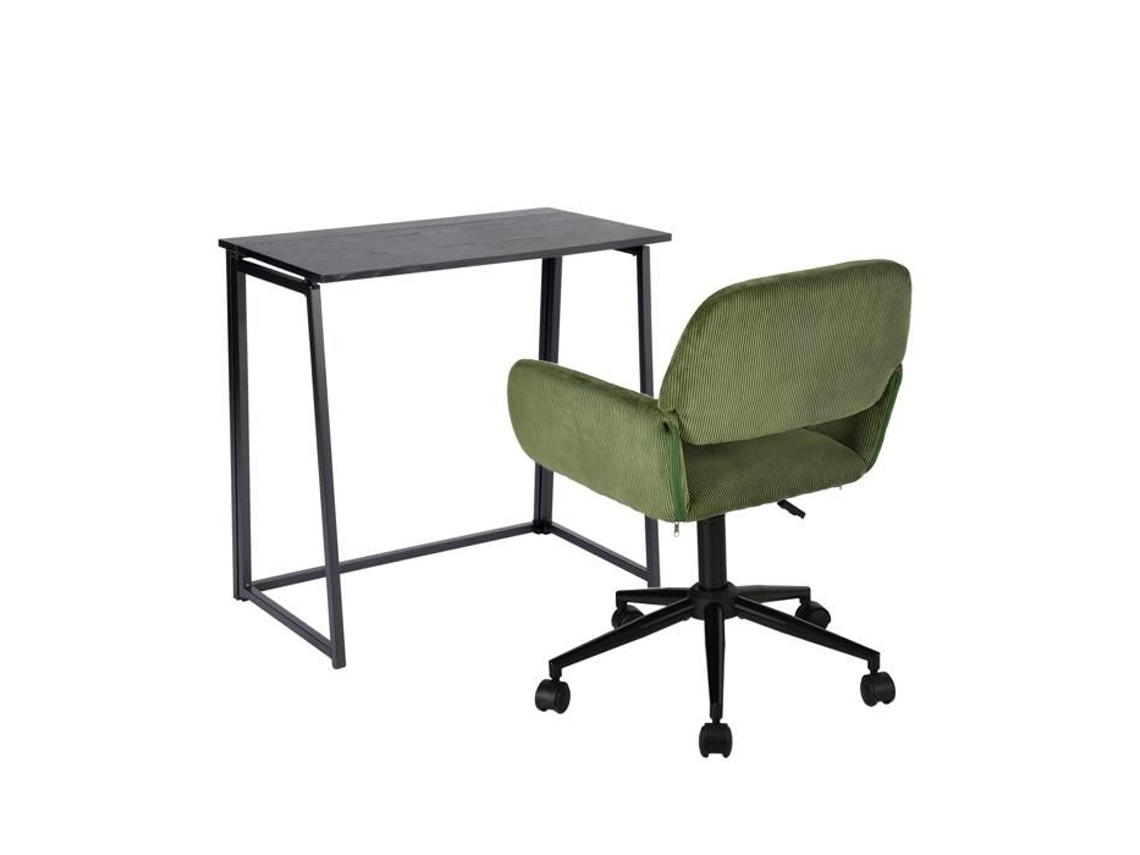 Conjunto De Mesa De Escritório Dobrável Em Metal Preto E Cadeira De Escritório Em Veludo Corduroy Verde Oliva Ascoli Ross Meubles Cosy