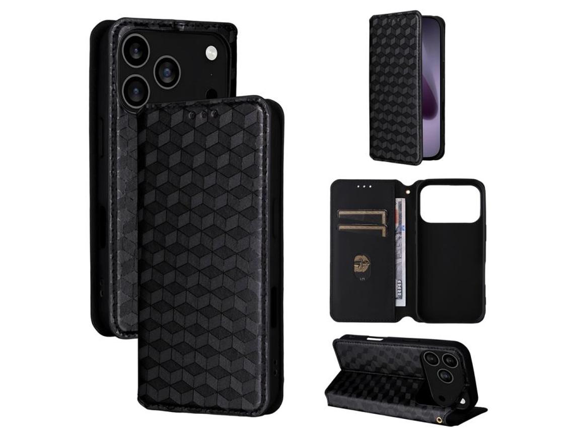 Capa De Couro Para Iphone 17 Pro Com Estampa Quadriculada Cúbica