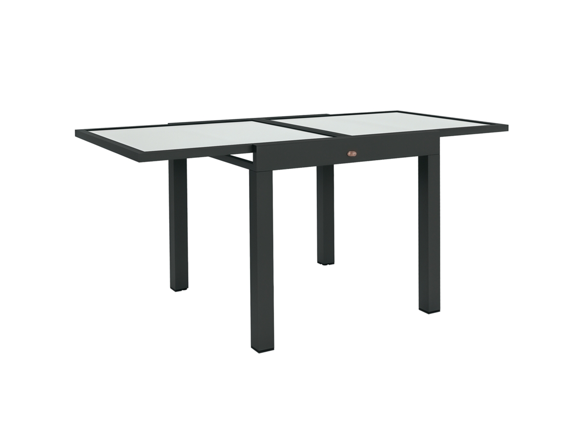 Mesa de jardim grande e extensível, dimensões abertas 160x80x75cm, alumínio, tampo de vidro transparente PROFESIA BOYANG