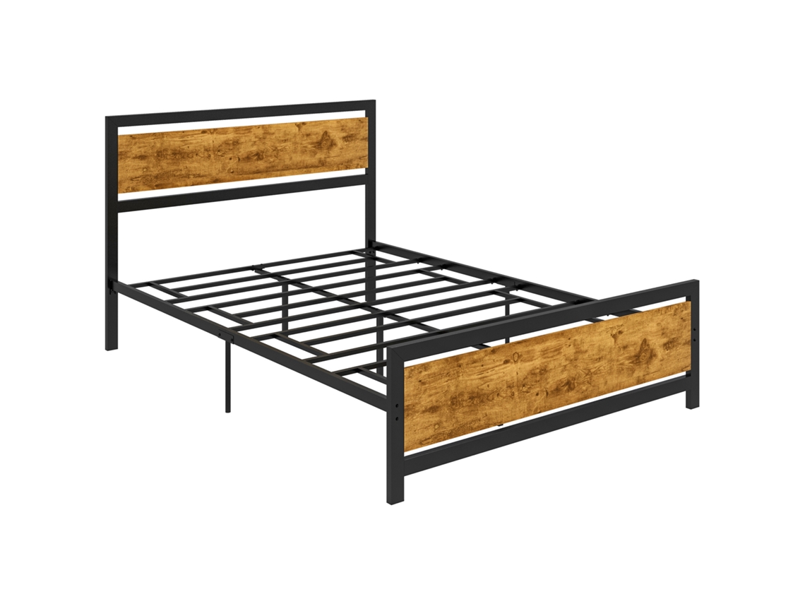 Estrutura De Cama Queen Em Madeira E Aço, 147x208x103cm, Ripas Embutidas E Cabeceira Estilo Industrial, Preta E Marrom Rústica