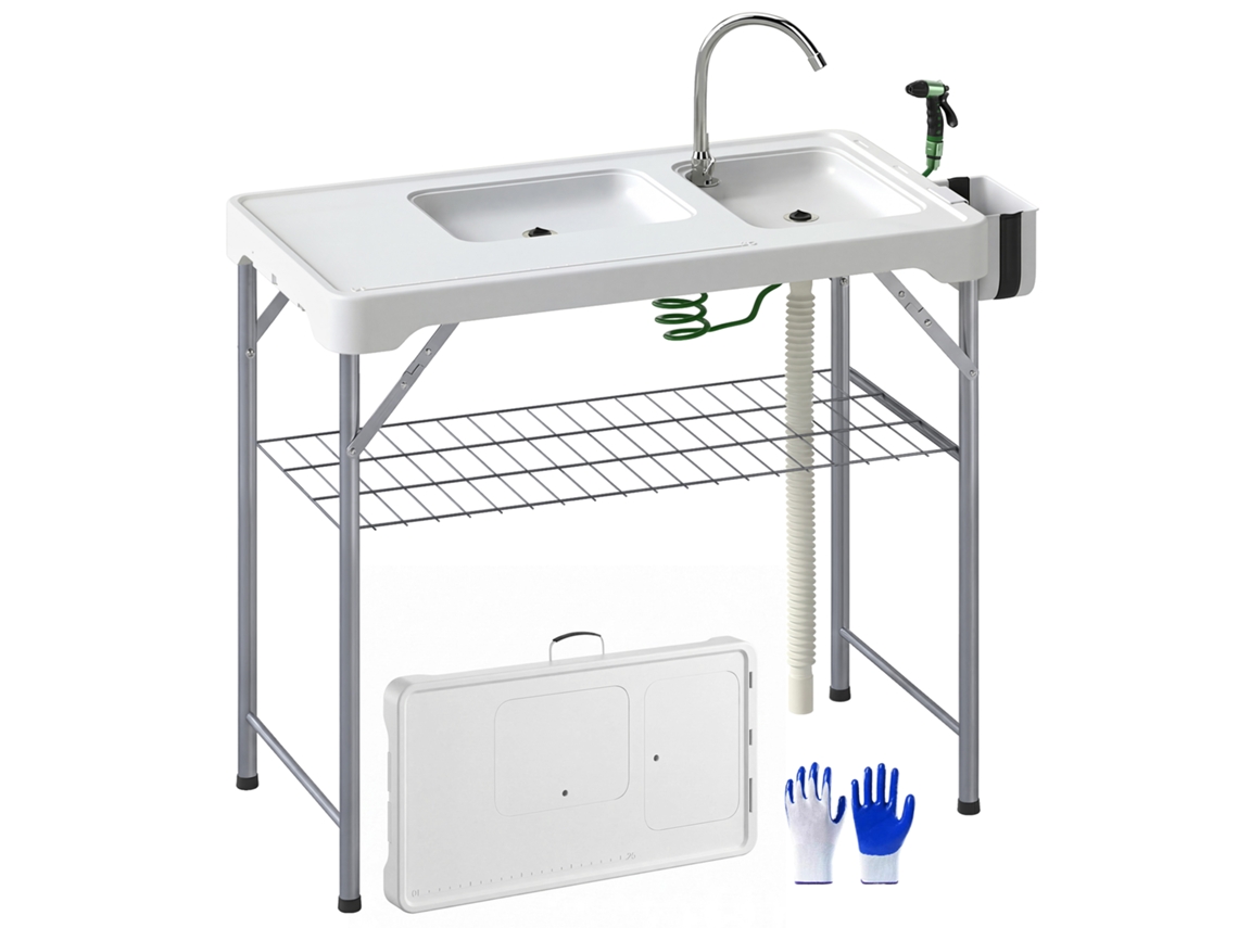 Mesa Para Campismo Dobrável Mesa Com 2 Lavatórios Mangueira De Drenagem Estação De Limpeza 108x58x92 Cm Branco