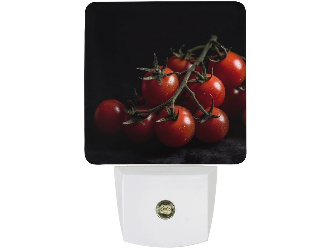 Luminária de parede com plugue, em formato de tomates maduros, com sensor crepuscular, luz LED branca.