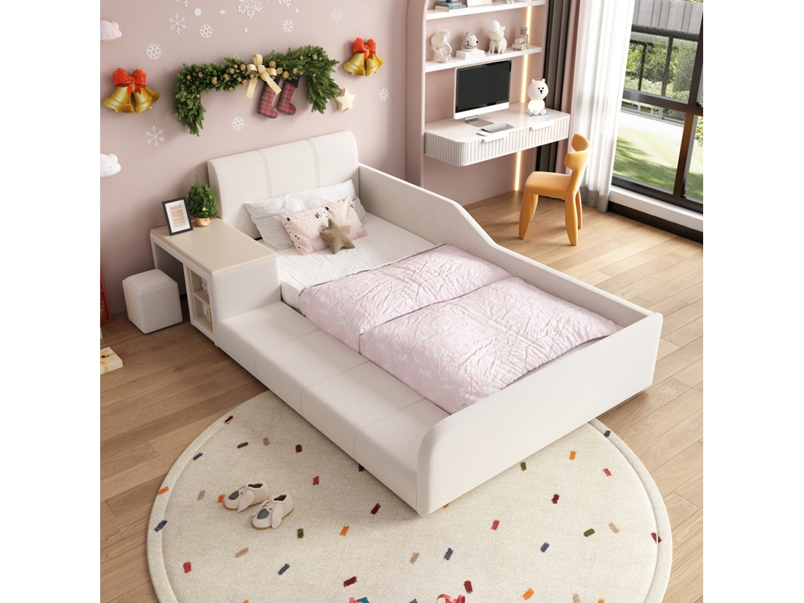 Cama Individual Estofada 90x200 Secretária E Banco, Cabeceira Macia, Estrado De Madeira Branco Mobrio