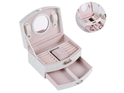 Caixa De Jóias Couro Ecológico 2 Gavetas Branco Rosa Claro Espelho 20x16x10 Cm