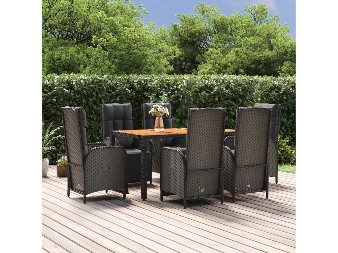 Vidaxl 7 Pcs Conjunto De Jantar P/ Jardim C/ Almofadões Vime Pe Preto