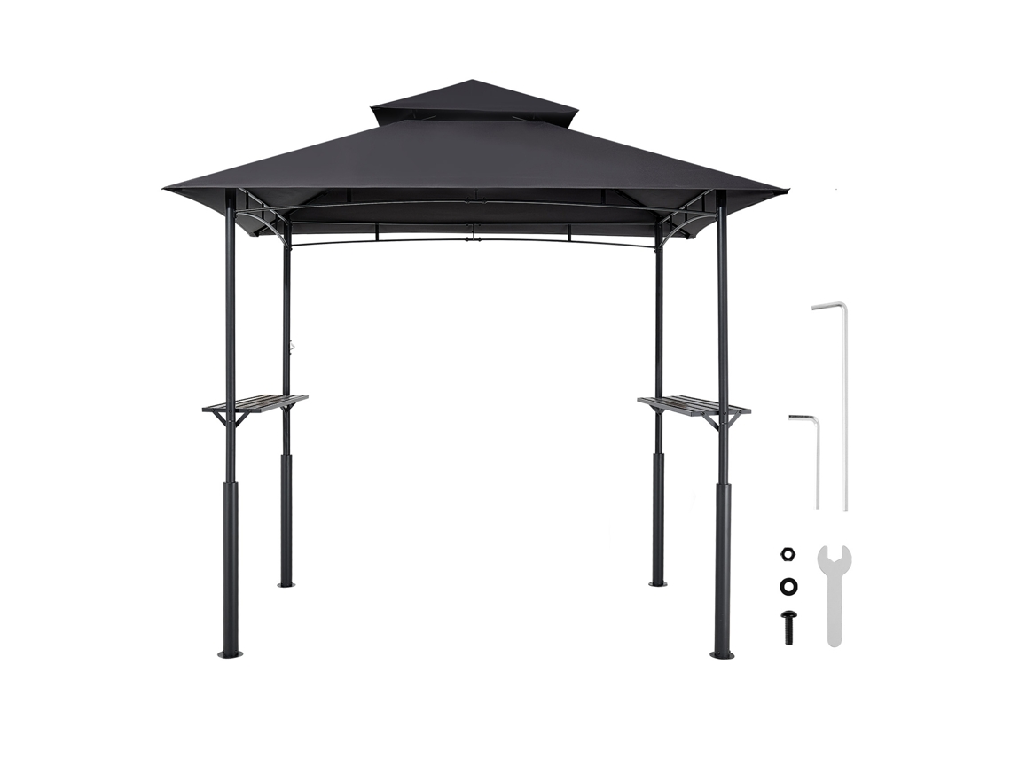 Gazebo para Churrasco, Abrigo Reforçado de Aço Churrasco com Revestimento em Pó 243 X 150 250 Cm Teto 2 Níveis, Prateleiras Laterais e 8 Ganchos