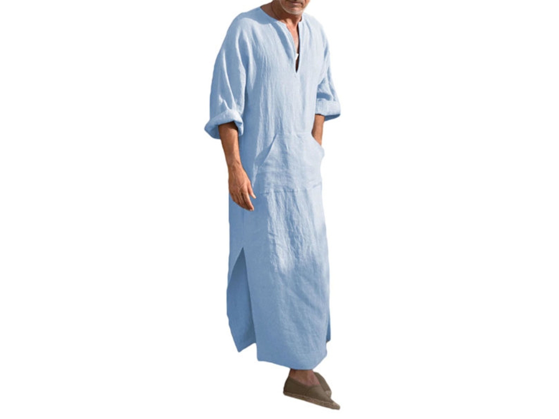 Robe Longa Árabe Muçulmana Masculina, Roupa Casual Do Oriente Médio, Thobe Kaftan Islâmico Azul Brilvibera